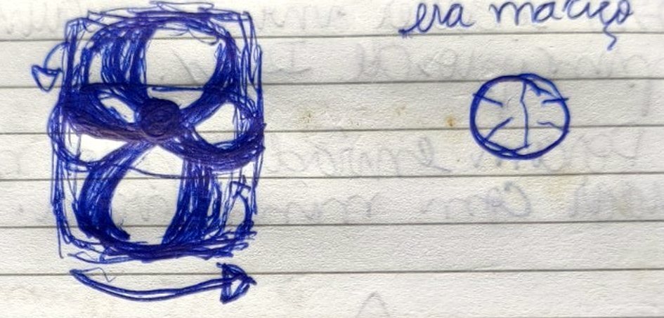 Folha do caderno com desenhos a caneta azul: à esquerda, um contorno de cilindro com quatro laços que se cruzam num ponto central e setas de giro; à direita, um pequeno círculo rachado com a anotação “era maciço”.