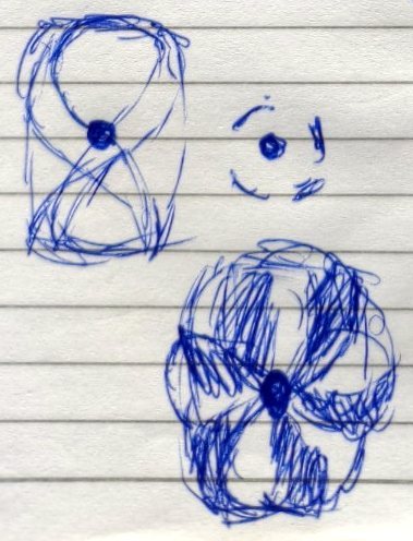 Desenhos a caneta azul: um 8 vertical dentro de um retângulo com um ponto no cruzamento; um ponto com traços em volta; e um círculo com quatro pétalas girando em torno de um ponto central.