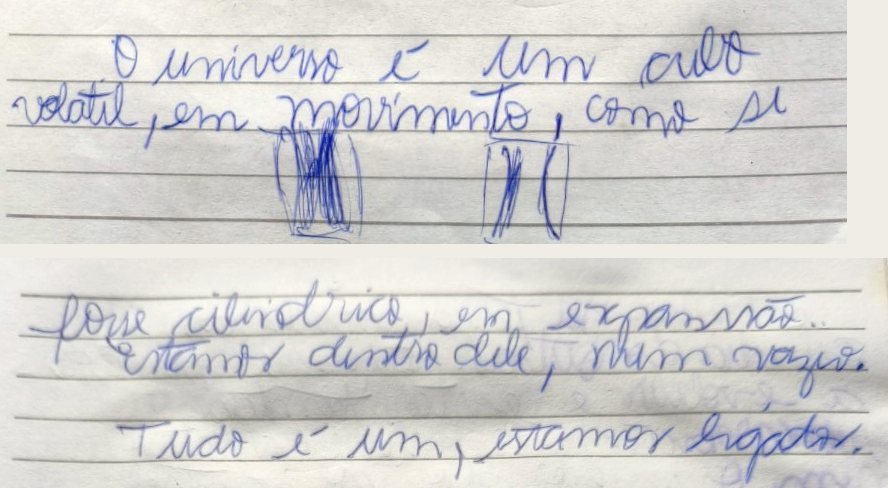 Trechos manuscritos das folhas 2 e 3 do caderno, com dois pequenos desenhos de cilindro.