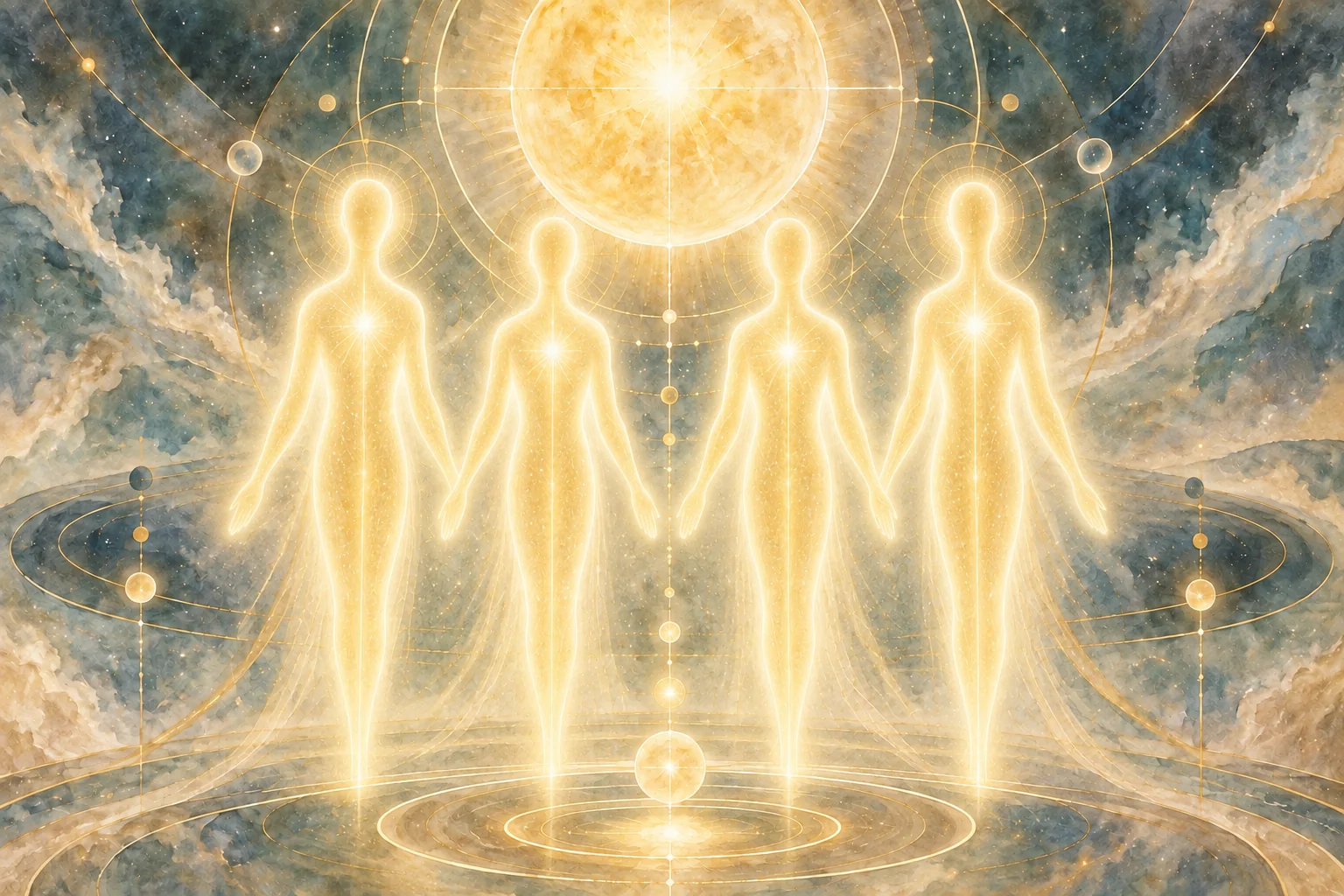 Quatro formas humanoides douradas e não sexuadas diante de um grande centro luminoso